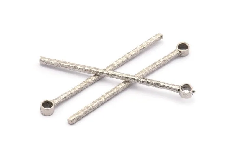 Antique Silver Brass Bar Pendant, 3 Antique Silver Plated Brass Textured  Pendant with 1 Loop (55mm) N0294 H0042