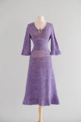 Coolest 1970's Lilac Crochet Knit Day Dress / Sz M