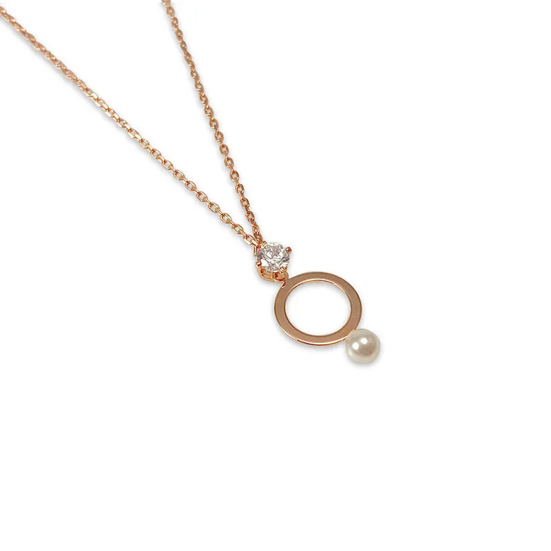 Cutout Circle Pearl and Crystal Rose Gold Sterling Silver Necklace