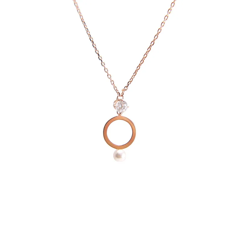 Cutout Circle Pearl and Crystal Rose Gold Sterling Silver Necklace