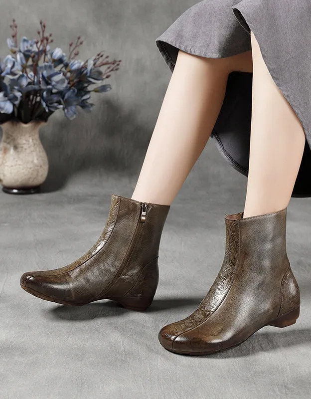 Handmade Front Embossing Retro Flat Boots