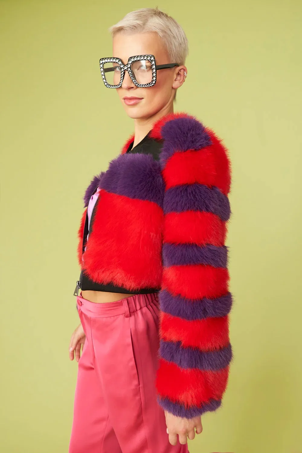 Red - Purple Faux Fur Stripe Bomber Jacket