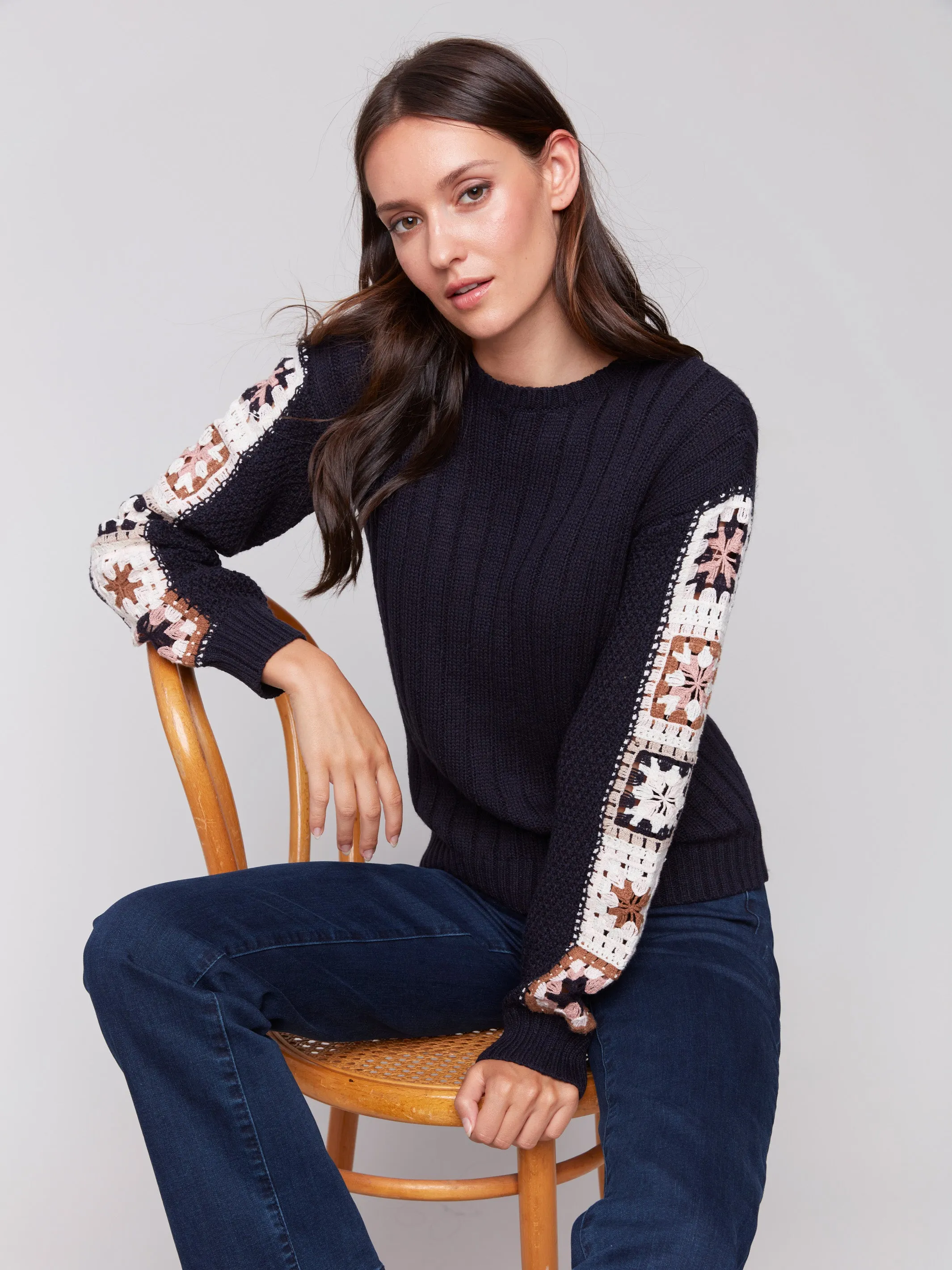 Sweater with Crochet Sleeves - Navy