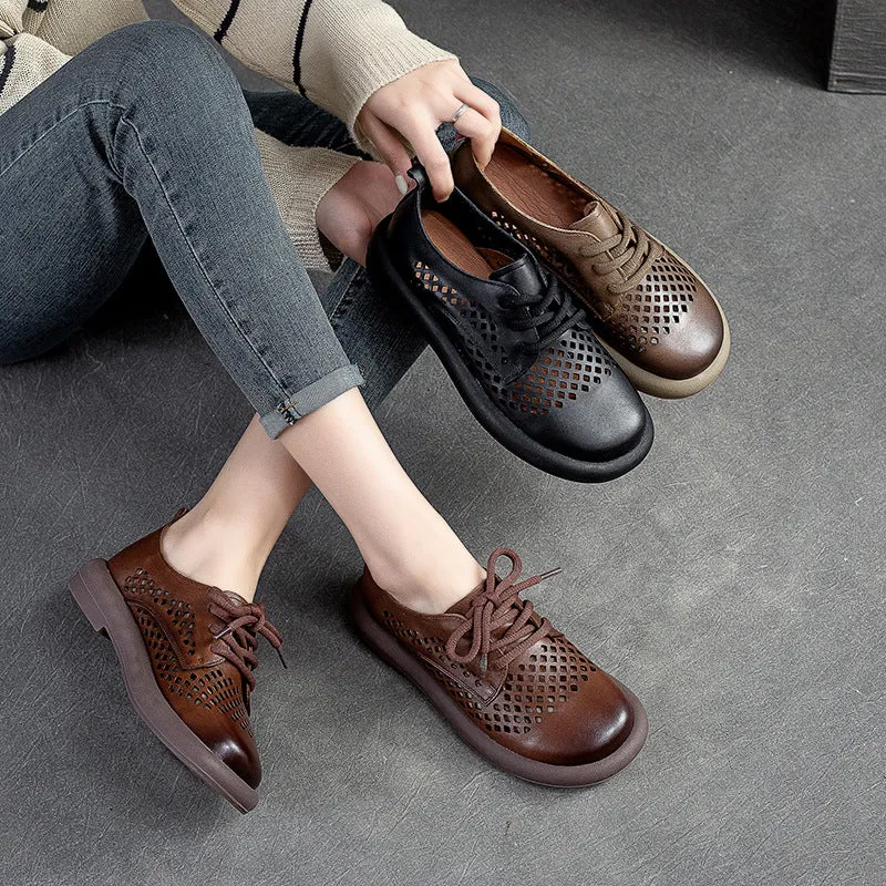 Women Summer Retro Hollow Leather Flat Casual Shoes