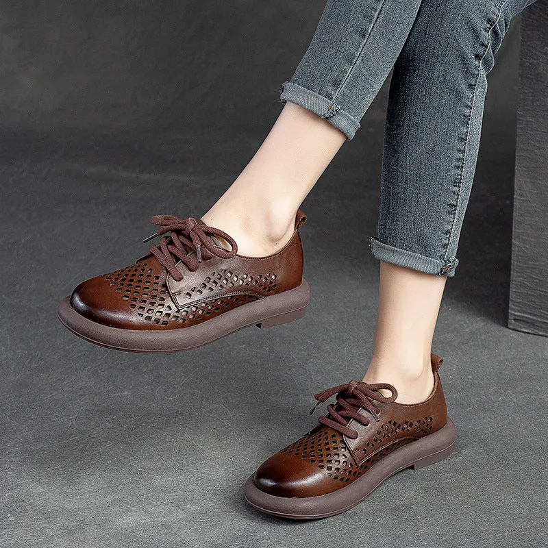 Women Summer Retro Hollow Leather Flat Casual Shoes