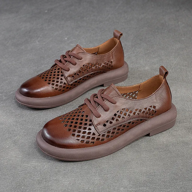 Women Summer Retro Hollow Leather Flat Casual Shoes