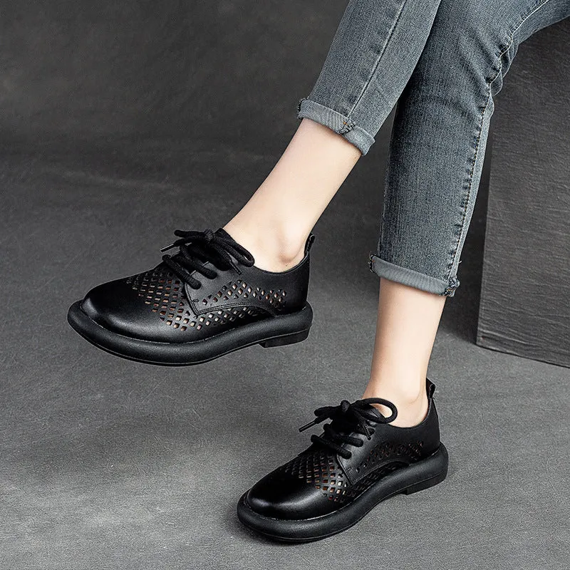 Women Summer Retro Hollow Leather Flat Casual Shoes